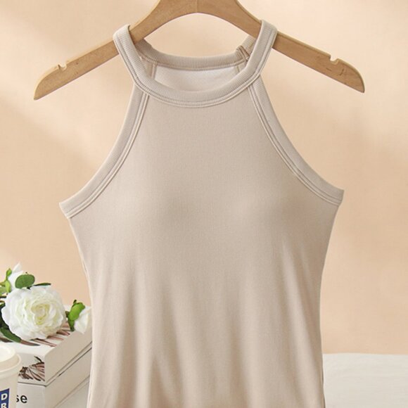 Grecian Neck Tank With Chest Pads Classic Ribbed Halter Tank Neutral Yoga - Picture 1 of 6